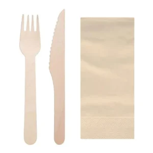 Set de Cubiertos de Madera Biodegradables, Tenedor, Cuchillo y Servilleta